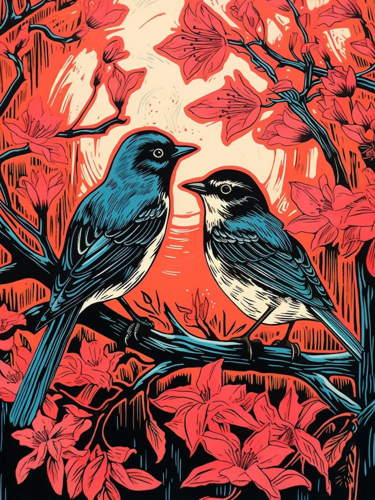 Birds And Branches Linocut Style 1