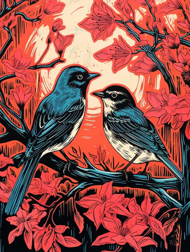 Birds And Branches Linocut Style 1