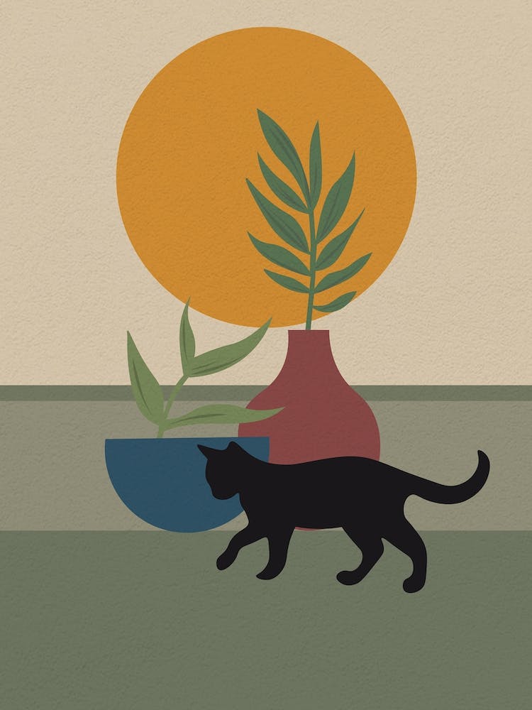 Vintage Minimal Art Cat And Plants