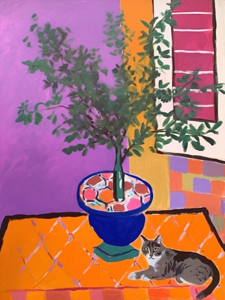 A Painting Of A Still Life Of A Lilac With A Cat In The Style Of Matisse 1