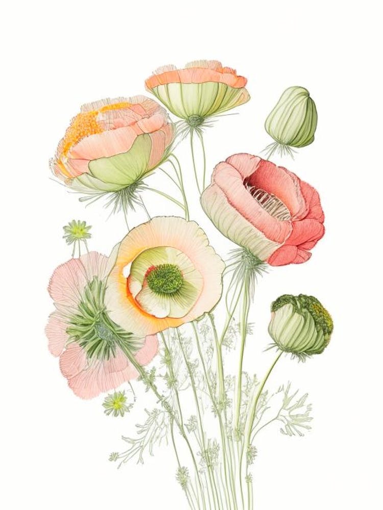 Ranunculus Floral Quentin Blake Inspired Illustration 2 Flower