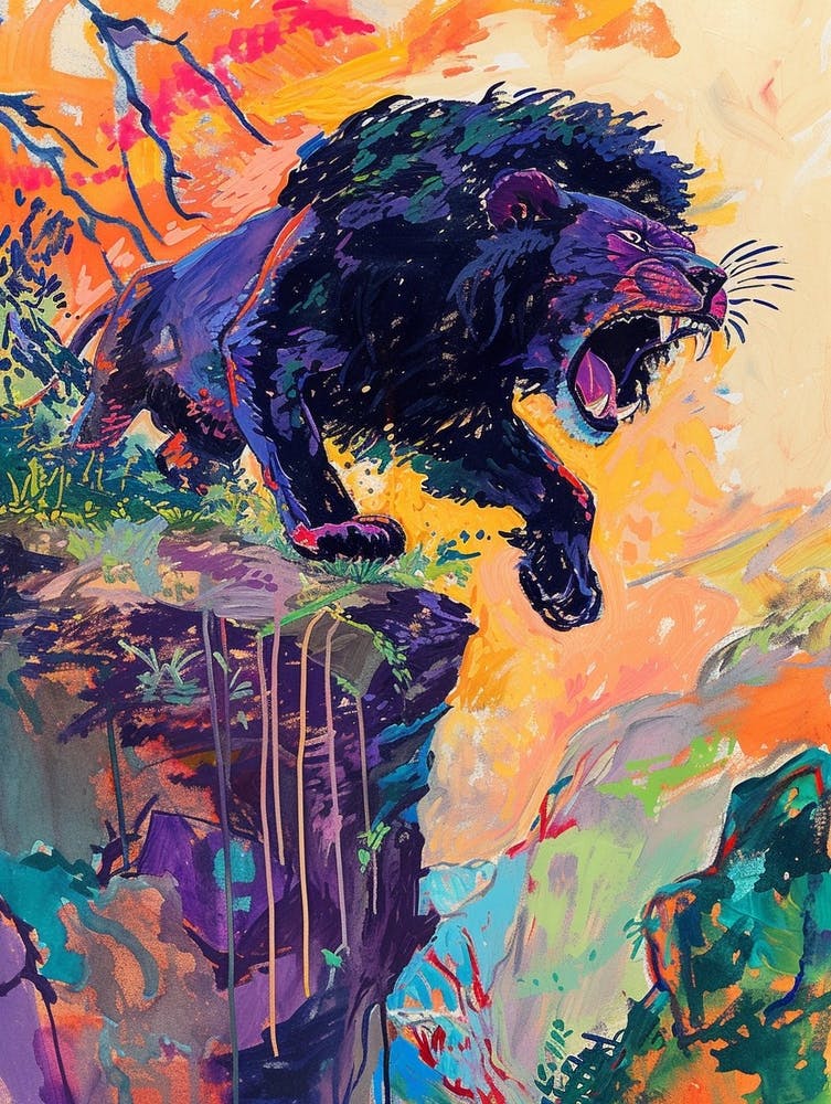 Black Lion Roaring On A Cliff Fauvist Painting 3