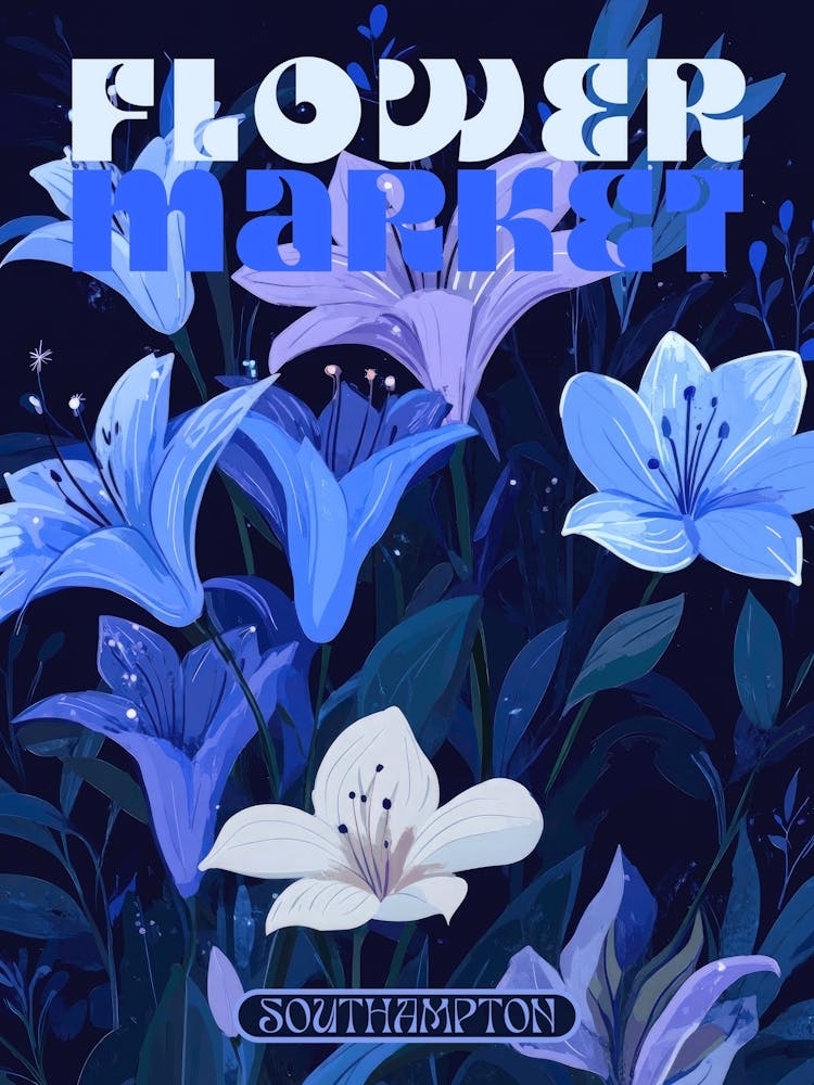 Southampton, affiche de ville, affiche de marché aux fleurs en bleus foncés, illustration florale à l'esthétique rétro avec typographie style années 70, affiches de voyage vintage parfaites pour salons, chambres, cuisines, entrées éclectiques