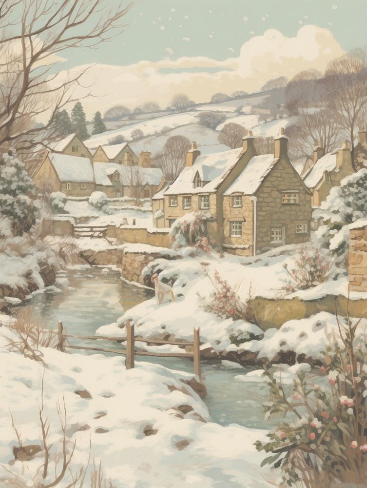 Vintage Winter Illustration Cotswolds United Kingdom 1