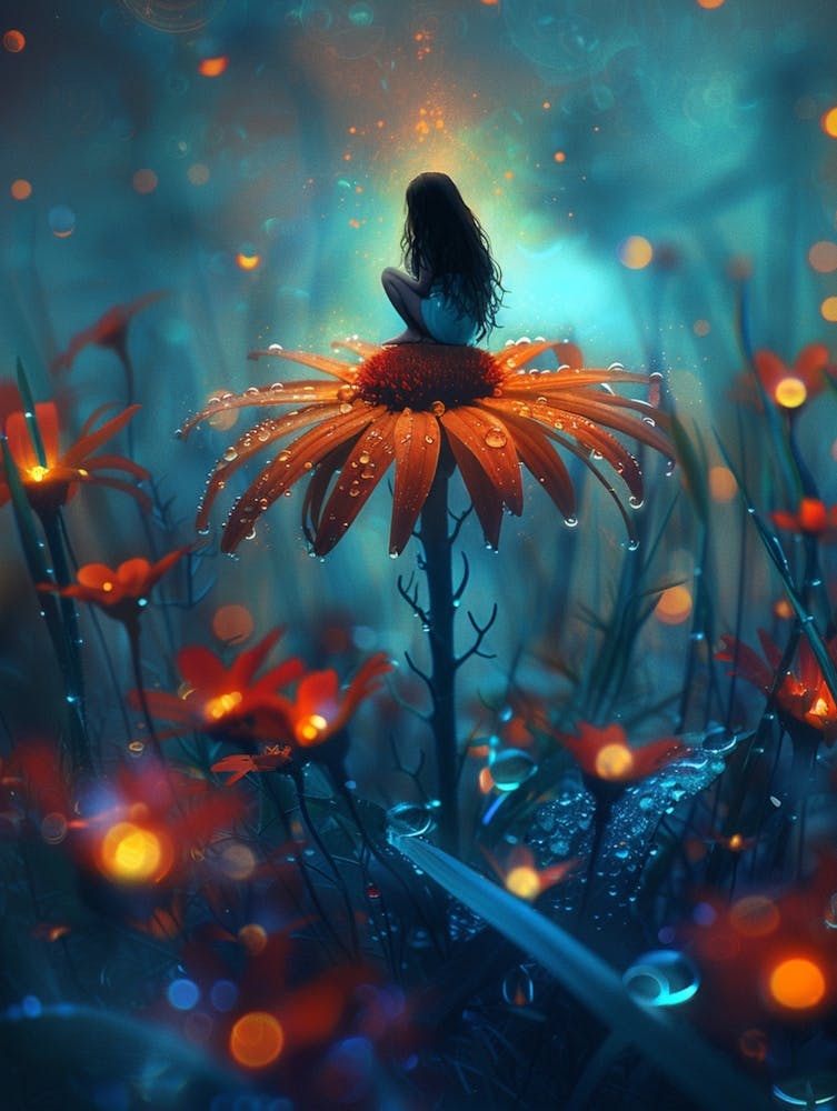 A Tiny Woman Balancing On The Tip Of A Red Flower, Highly Detailed Macro Photography,And Dew Reflected On The Petals, Cute, Beautiful Scene, Surreal Photo, Dramatic Lighting, Dynamic Composition, Ultra High Definition, 8k, Blue, Or 1