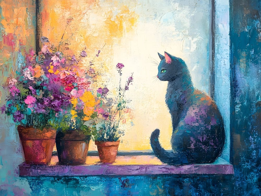 Cat In Window With Flowers 18