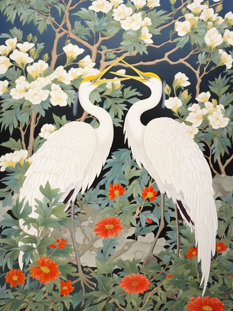 Lily And Cranes 2 Vintage Japanese Botanical