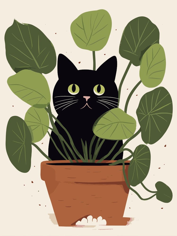 Black Cat In A Plant Pot Cute Illustration