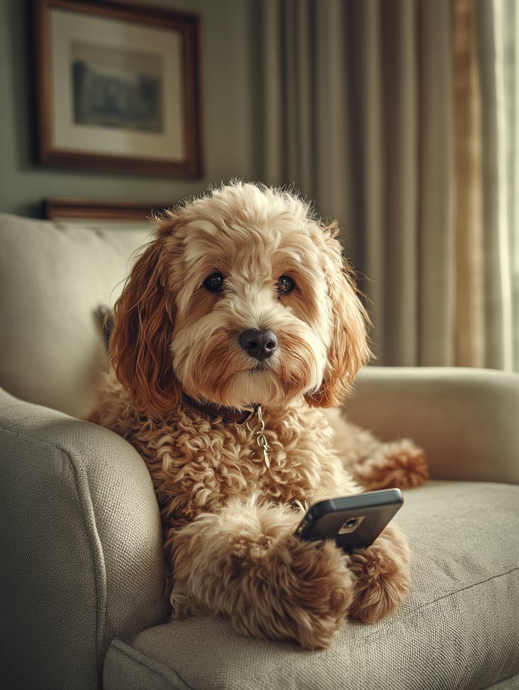 A Small Cockapoo Sits Comfortably and Using Phone