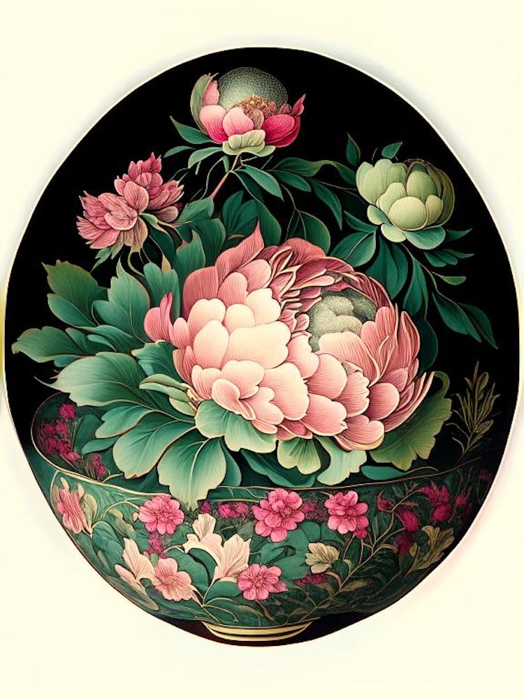 Bowl Of Beauty Peonies Green Vintage Botanical