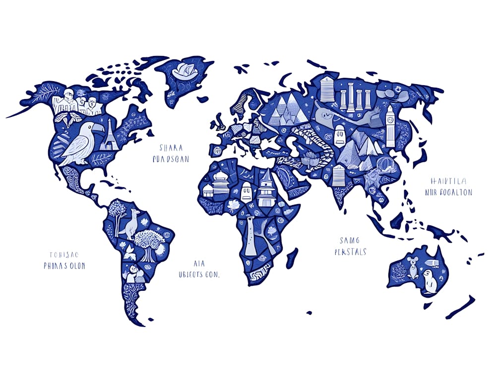 World Map - Blue and White Global Landmarks