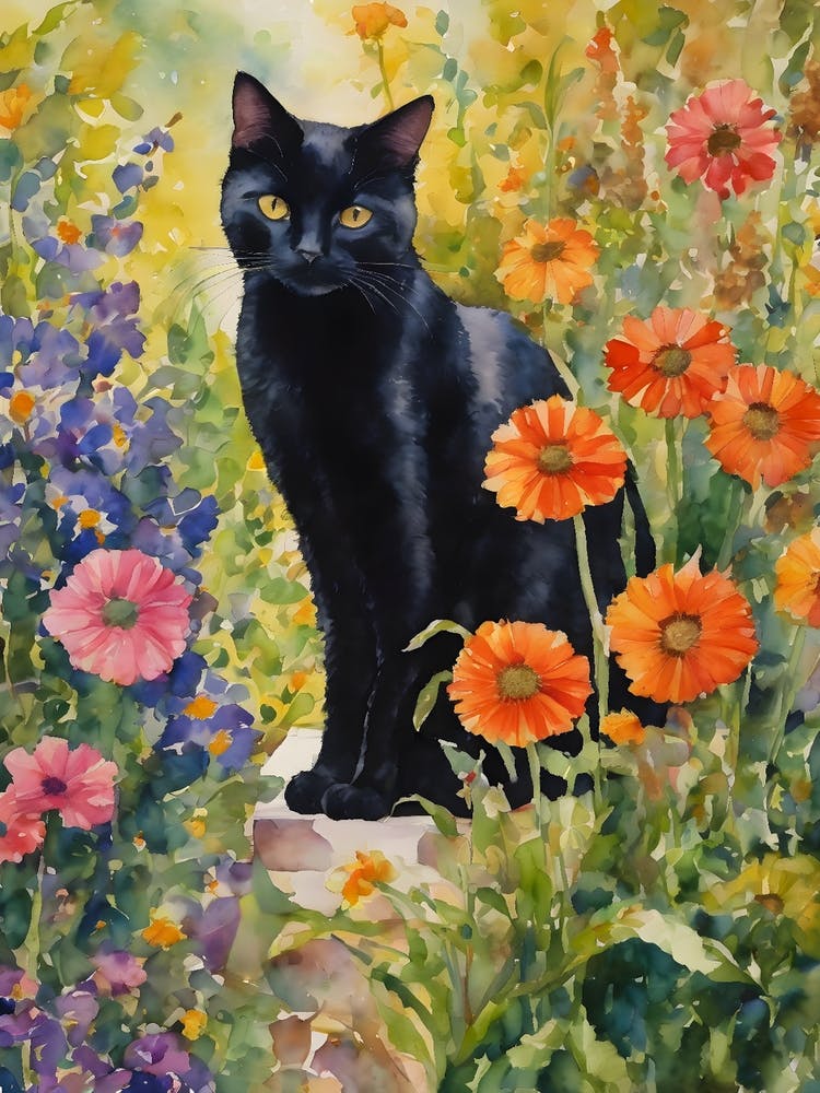 Black Cat Amongst Garden Flowers - Traditional Watercolor Kitty Travels Home and Room Wall Art Cool Decor Klimt and Matisse Inspired Modern Awesome Cool Unique Pagan Witchy Witches Familiar Gift For Cat Lady Animal Lovers World Travelling Genuine Works by