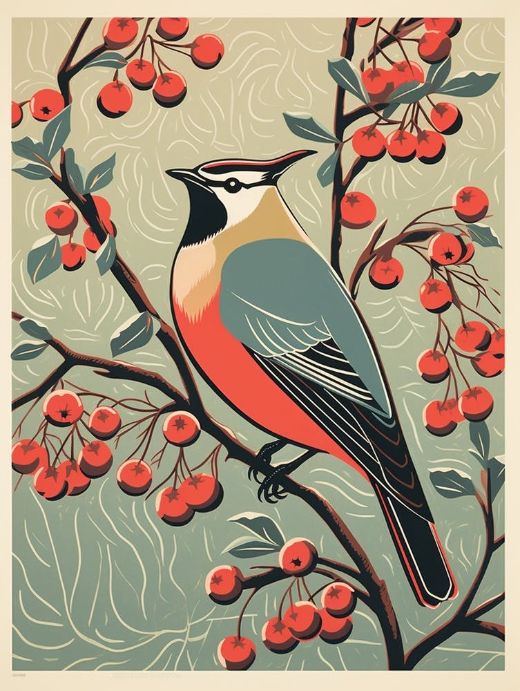 Vintage Bird Linocut Cedar Waxwing 1