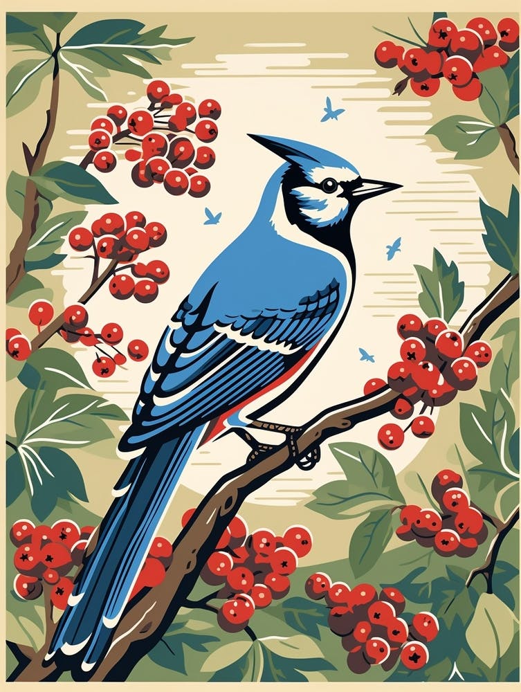 Vintage Bird Linocut Blue Jay 7