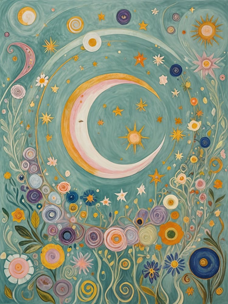Abstract Pastel Moon And Flowers