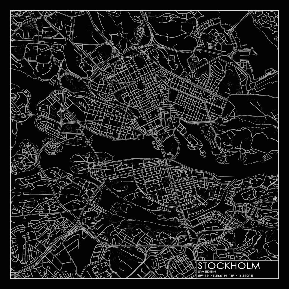 Stockholm Sweden city map white on black blueprint design