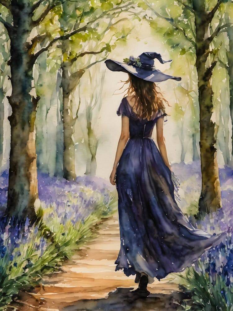Indigo Witch in Bluebell Woods - Spring Witchy Watercolor Art by Lyra the Lavender Witch - Pagan Ostara Beltane Wheel of the Year Witches Fairytale Artwork for Wicca Goddess Magic Spells Astrology Tarot HD