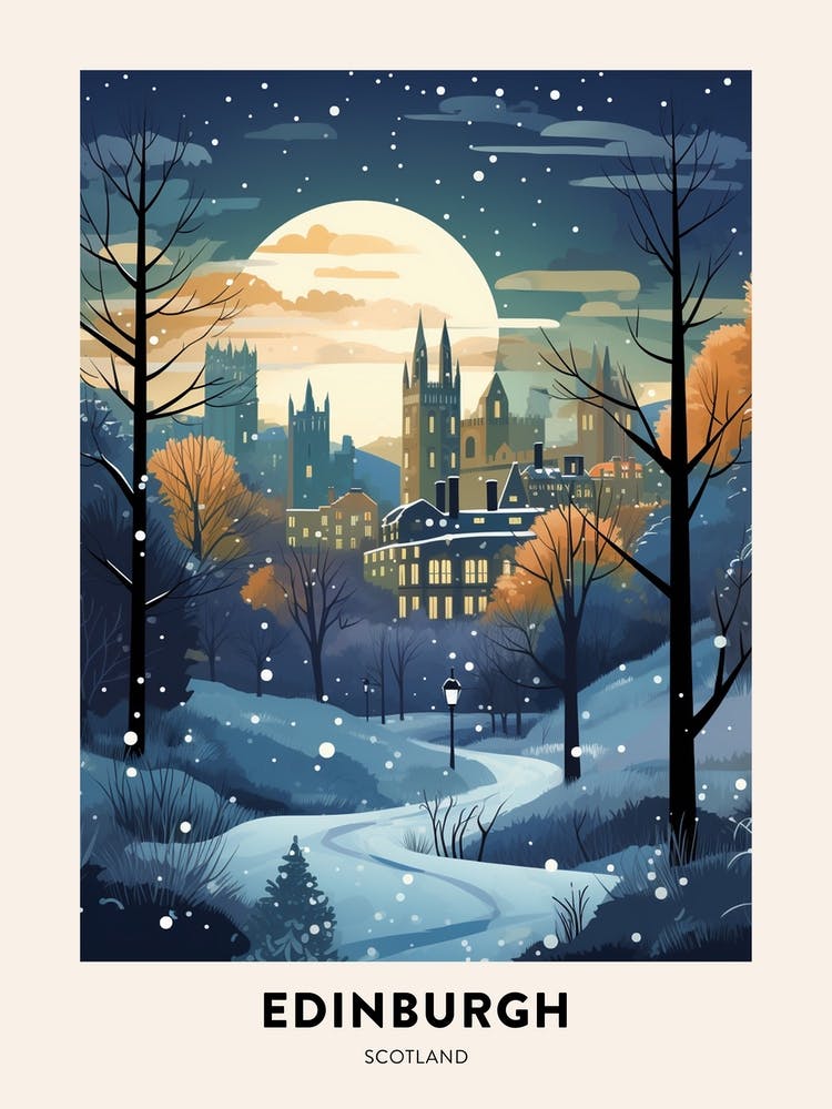 Winter Night  Travel Poster Edinburgh Scotland 2