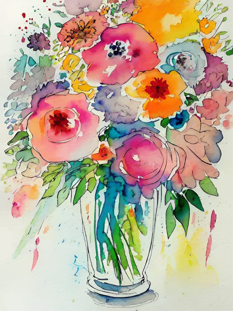 Watercolor Flowers In A Vase