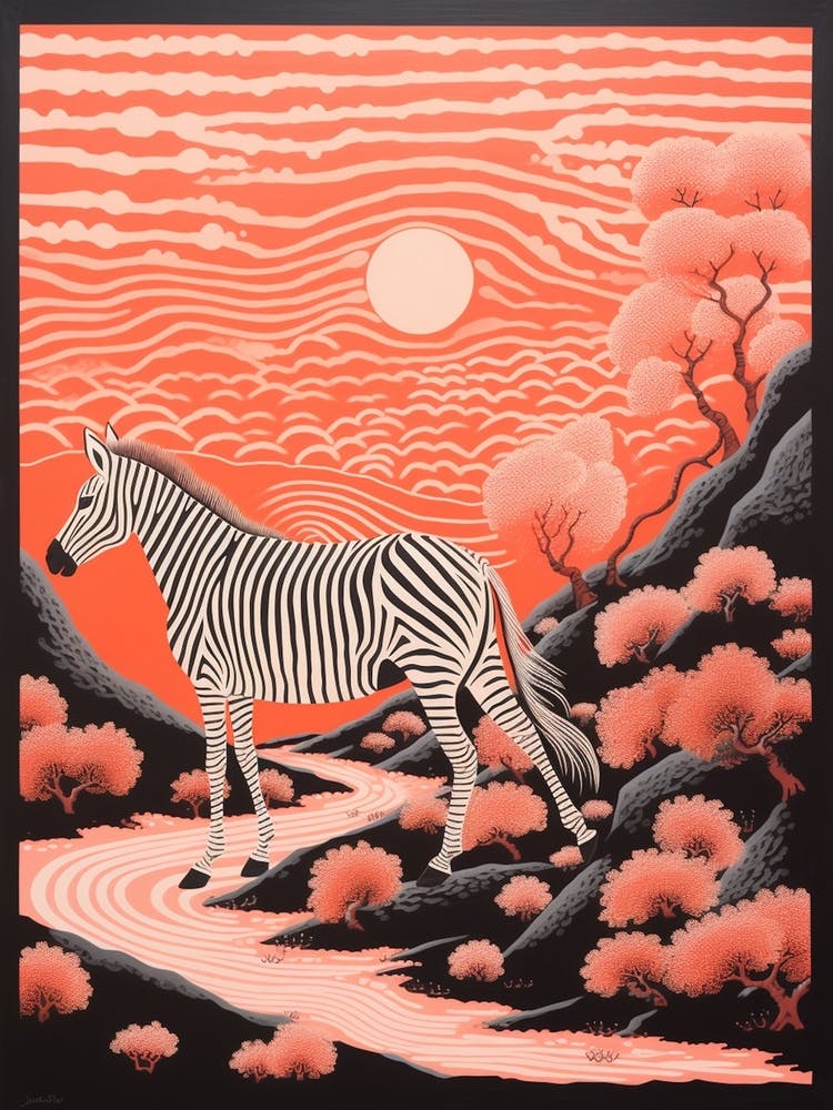 Zebra Linocut Inspired At Sunrise 1