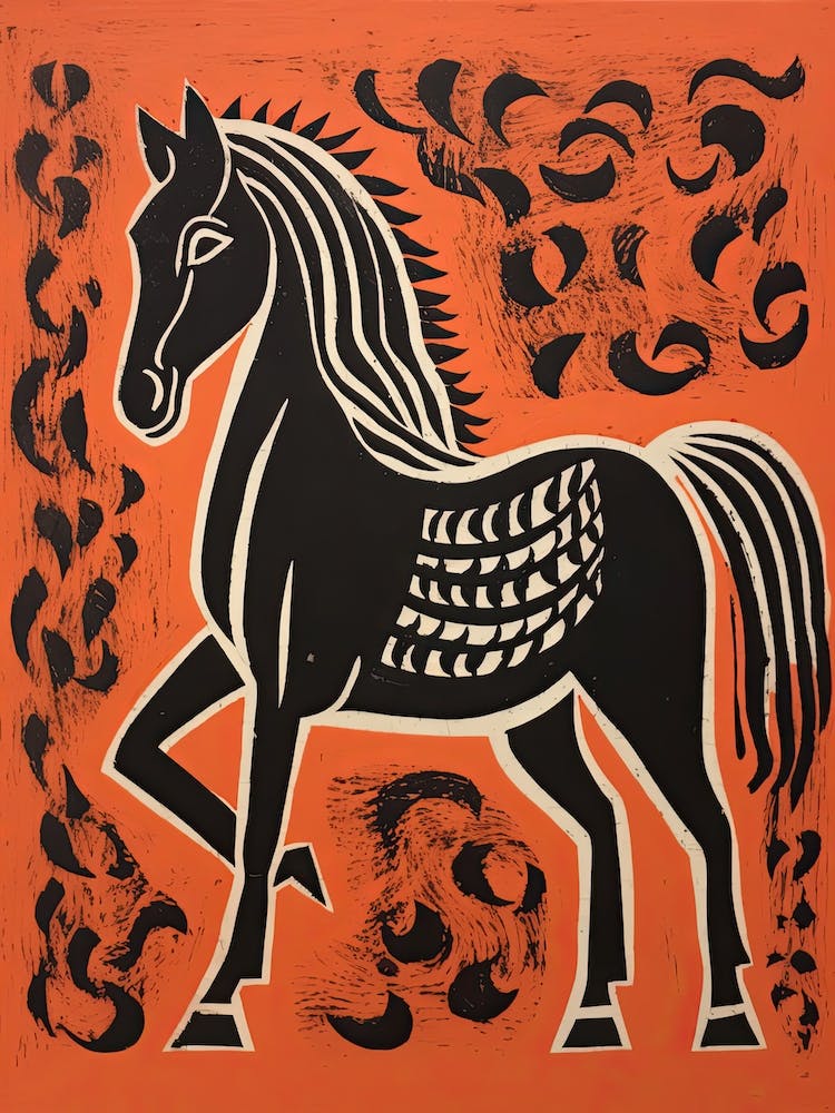 Horse, Woodblock Animal  Drawing 4