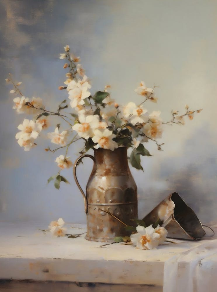 Flower Vase Still Life Painting, Vintage Kitchen Oil Painting, Neutral Flowers Print, Rustic Farmhouse Decor, Antique Still Life Wall Art 1