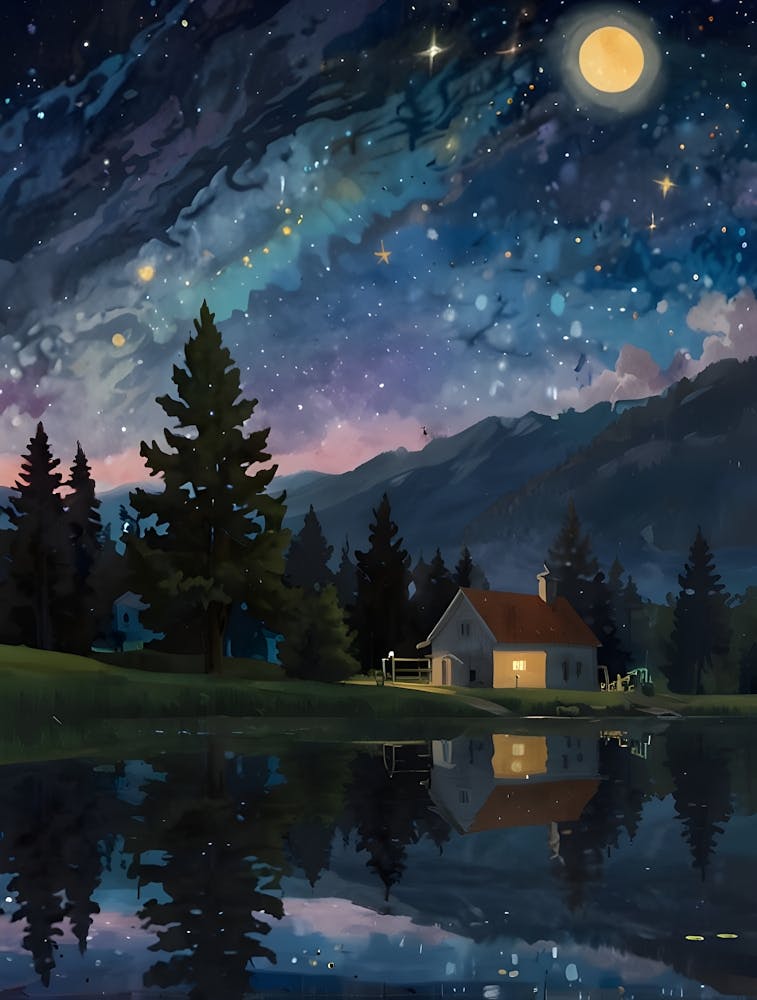 Create an image of a dreamy night landscape featuring swirling stars and a crescent moon in a deep blue sky. In the foreground, include a serene lake reflecting the celestial scene, bordered by lush greenery and cypress trees. 1