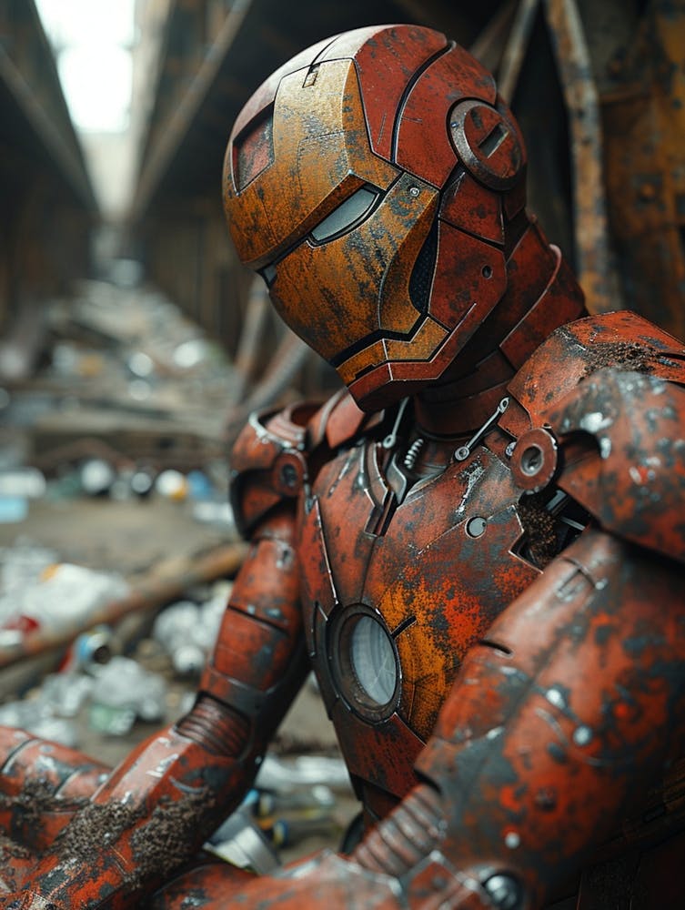 The Rusty Steampunk Iron Character Armor Is In The Sewer, Garbage Everywhere, Dark And Narrow Space, Cyberpunk Character By Sophie Taeuber Arp, Realistic Style, Detailed, Masterpiece, Photorealistic, 4k