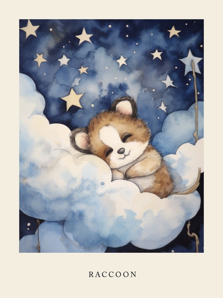 Baby Raccoon Sleeping In The Clouds Nursery Poster
