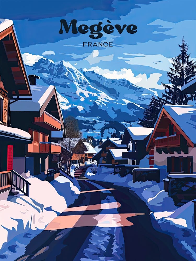 Megeve France Snowboarding Travel Art Illustration