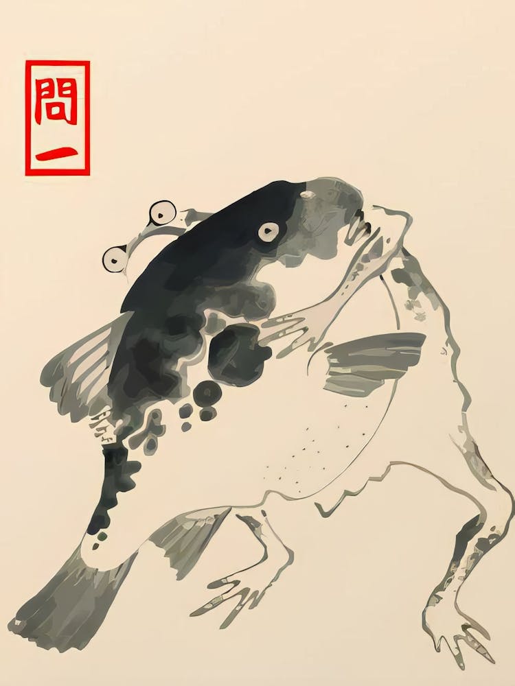 Japanischer Frosch-Druck Matsumoto Hoji Wandkunst Frosch Poster Vintage-Druck Frosch und Fisch Vintage Lustige Tierwandkunst