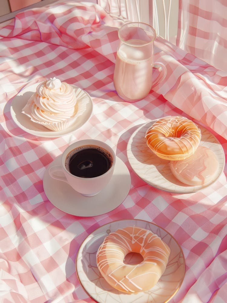 Pink Breakfast Food Yogurt, Coffee And Bread 3