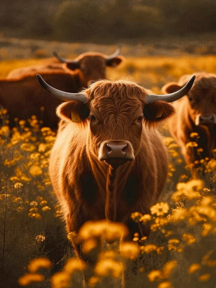 Highland Cows In Flower Field No 2
