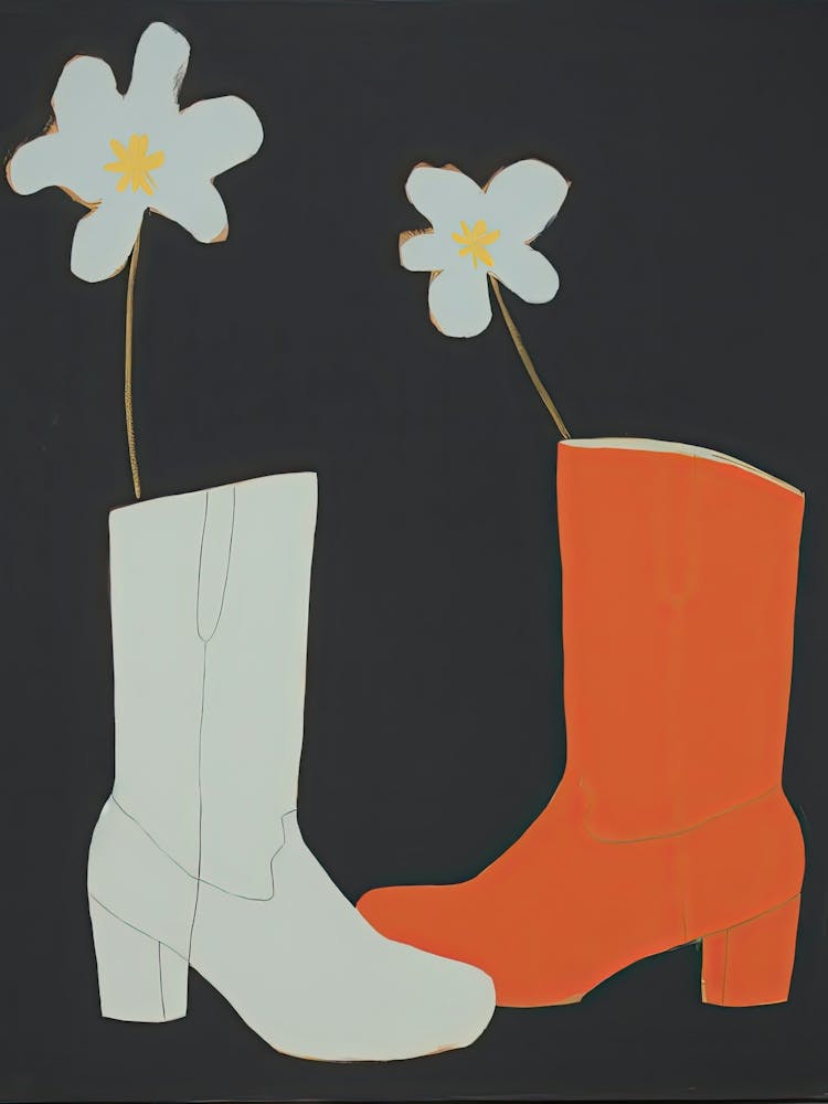 Gemälde von Cowboystiefeln mit weißen Blumen, Pop-Art-Stil