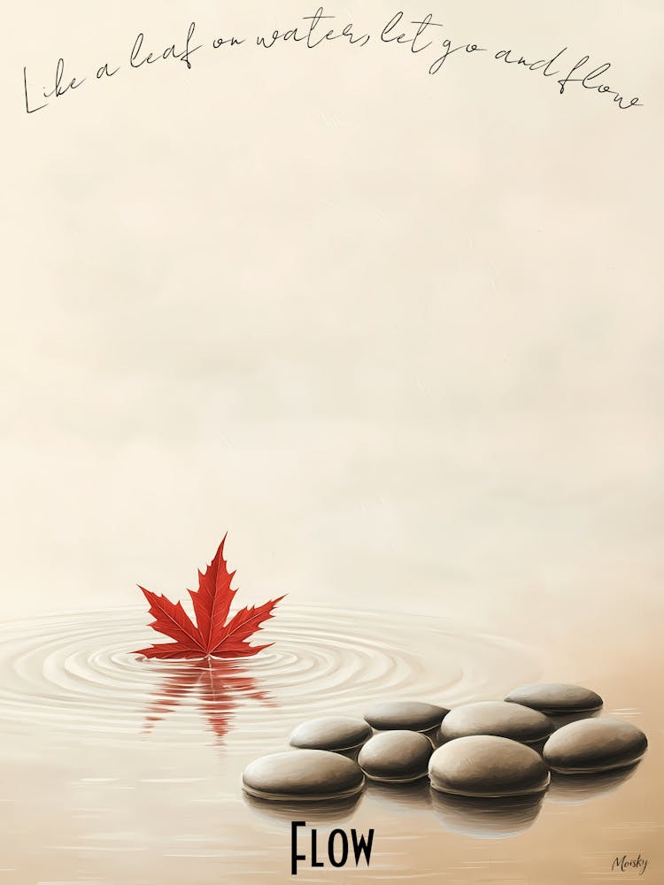 Floating Maple Leaf Zen Pond, soft palette watercolor minimalist Calm Poster