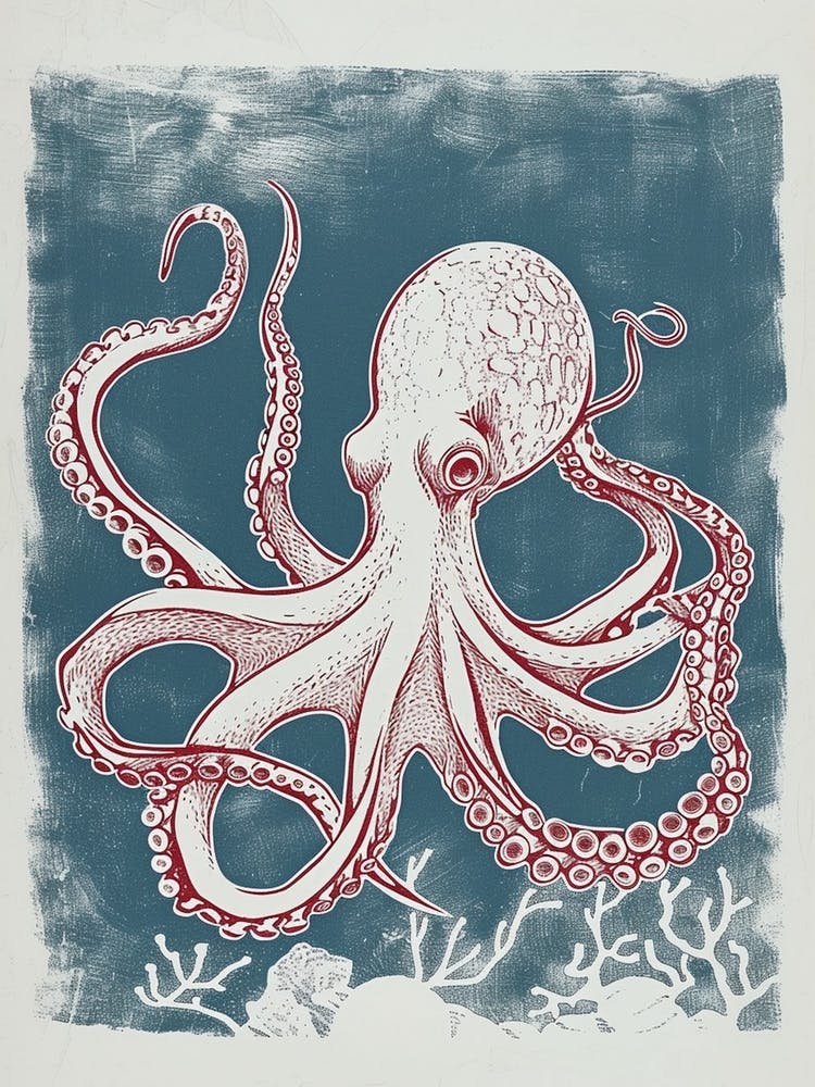 Linocut Inspired Navy Red Octopus With Coral 4