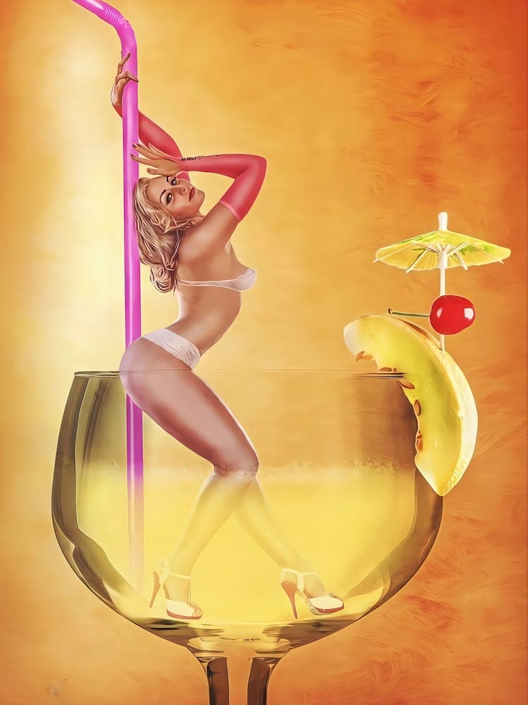 Bikini Woman Inside Cocktail Glass Wall Art, Retro Cocktail Poster, Vintage Alcohol Poster, Retro Wall Decor, Trendy Poster, Bar Cart Print
