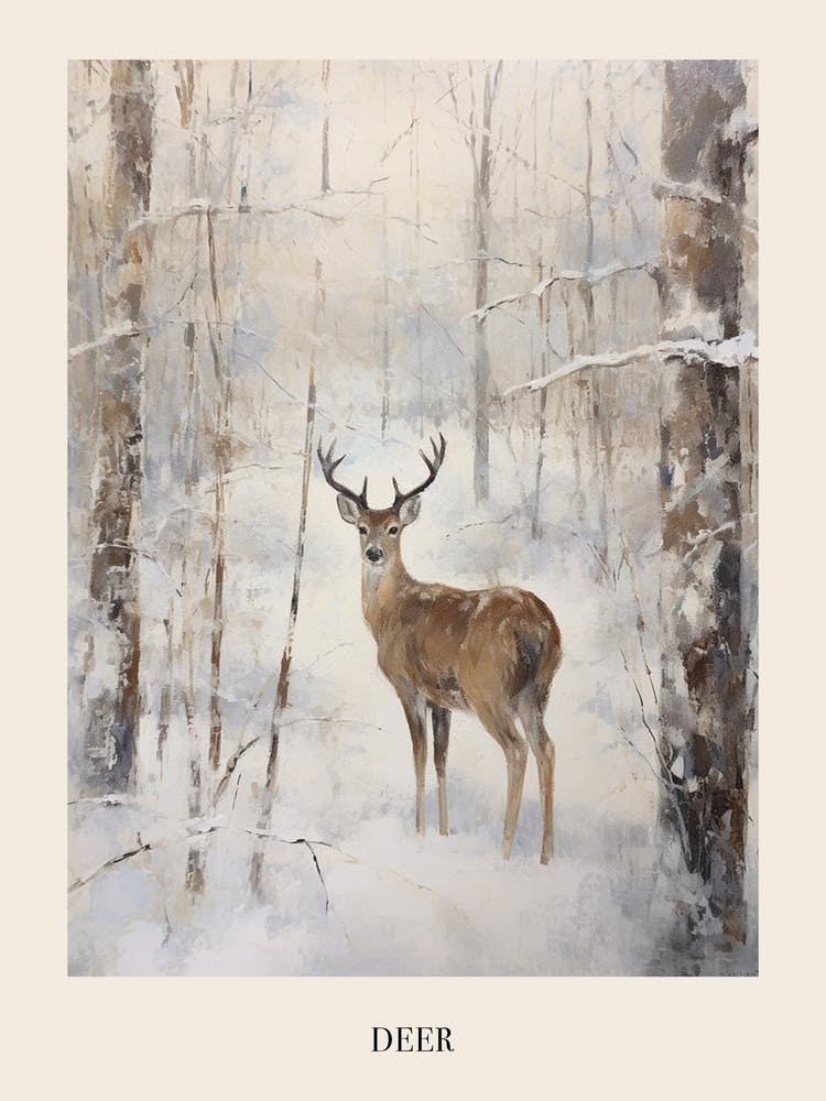 Vintage Winter Animal Painting Poster Deer 4