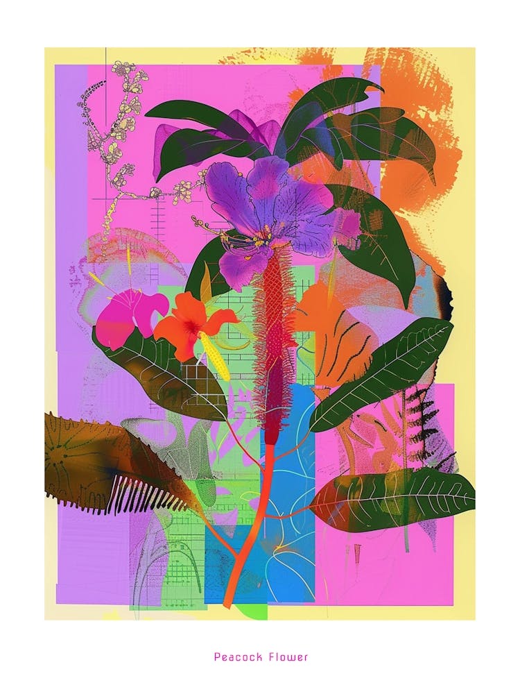 Peacock Flower (Caesalpinia) 2 Neon Flower Collage Poster