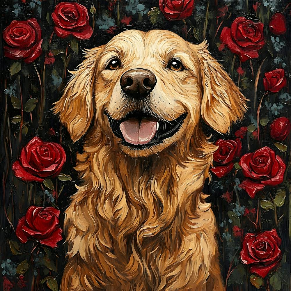 Golden Retriever And Roses 1