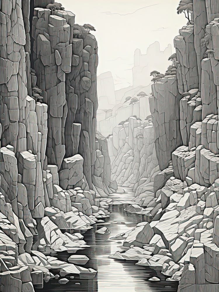 Sounkyo Gorge In Hokkaido, Ukiyo E Black And White Line Art Drawing 4