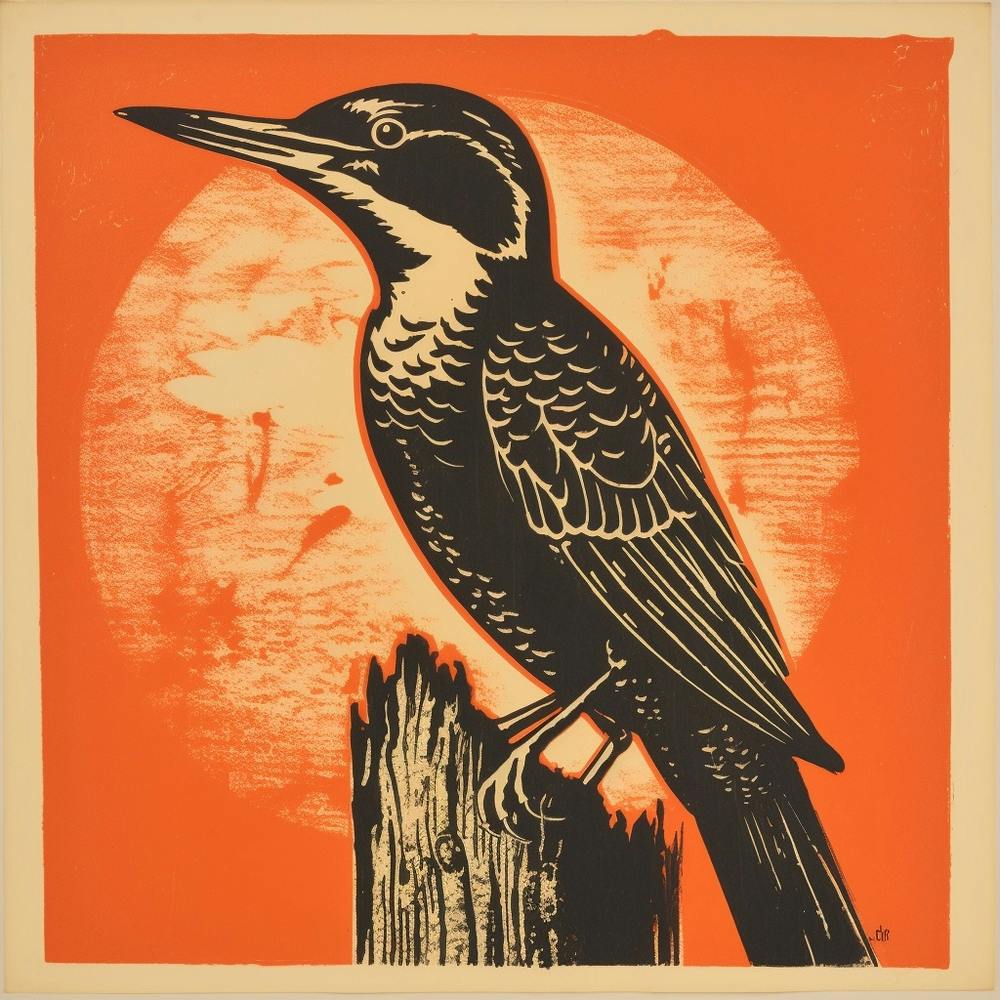 Retro Bird Lithograph Woodpecker 2