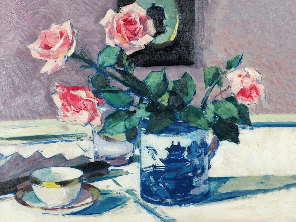 Pink Roses In A Blue Vase, Colorful Vintage Floral Art