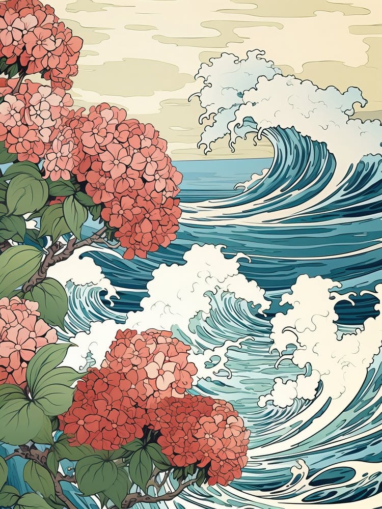 Great Wave With Hydrangea Flower Drawing In The Style Of Ukiyo E 2