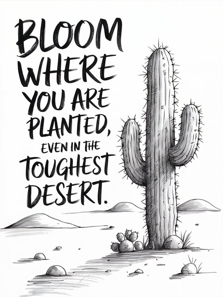 Pencil sketch art of a resilient desert cactus with textured arms. Bold handwritten text reads: "Bloom where you are planted, even in the toughest desert."
