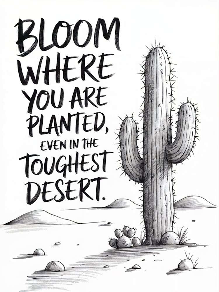 Pencil sketch art of a resilient desert cactus with textured arms. Bold handwritten text reads: "Bloom where you are planted, even in the toughest desert."