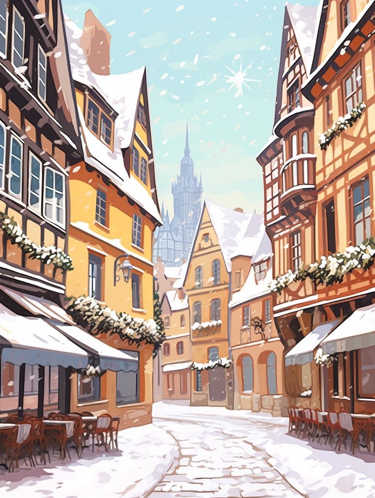 Vintage Winter Travel Illustration Colmar France 3