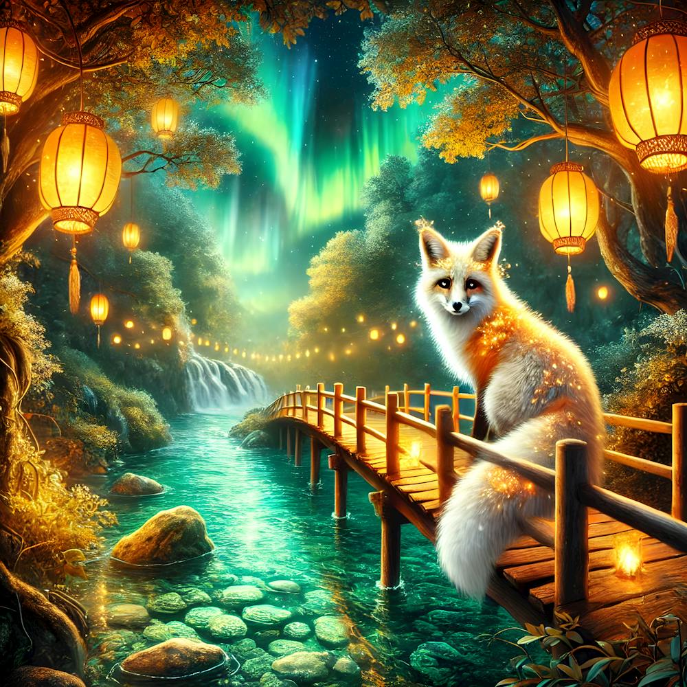 Pont en Bois Mystique Au-dessus D'une Rivière Cristalline Avec Un Renard Magique Lumineux