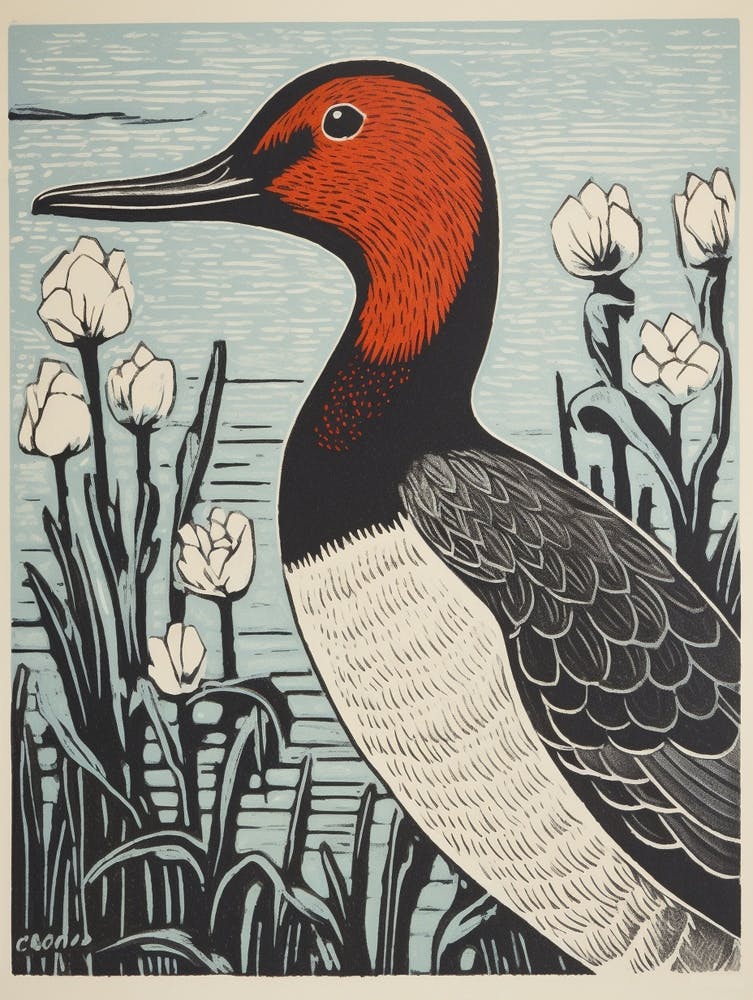 Vintage Bird Linocut Canvasback 3
