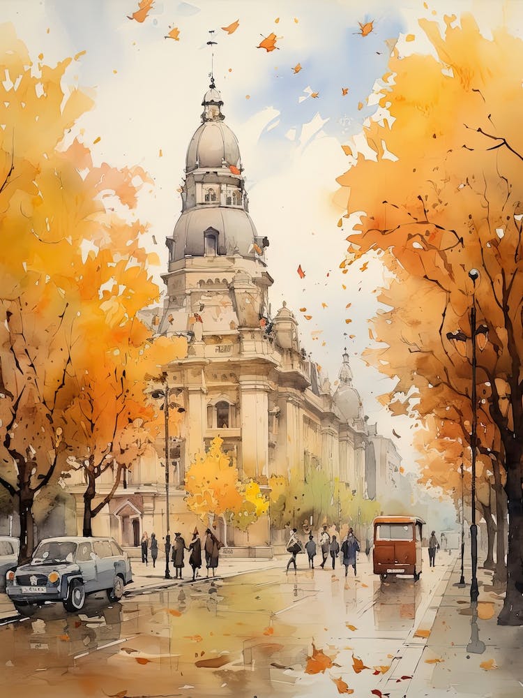 Bucharest Romania In Autumn Fall, Watercolour 2